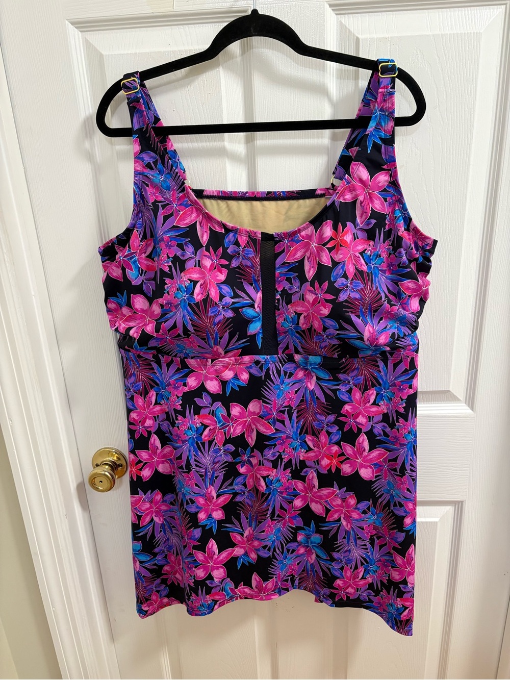 Swim 365 plus size swim tankini top featuring a floral print and mesh detailing.